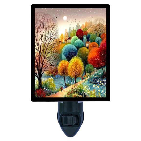Colorful Grove Night Light Vibrant Autumn Landscape, Fall Trees and Countryside Path, Cozy Seasonal, Free Switchable Insert
