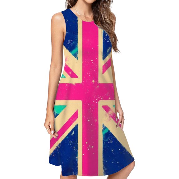 Colorful Grunge Union Jack Spring Summer Dresses For Women Fashion Dress Casual Sleeveless Loose Sundress With Pockets