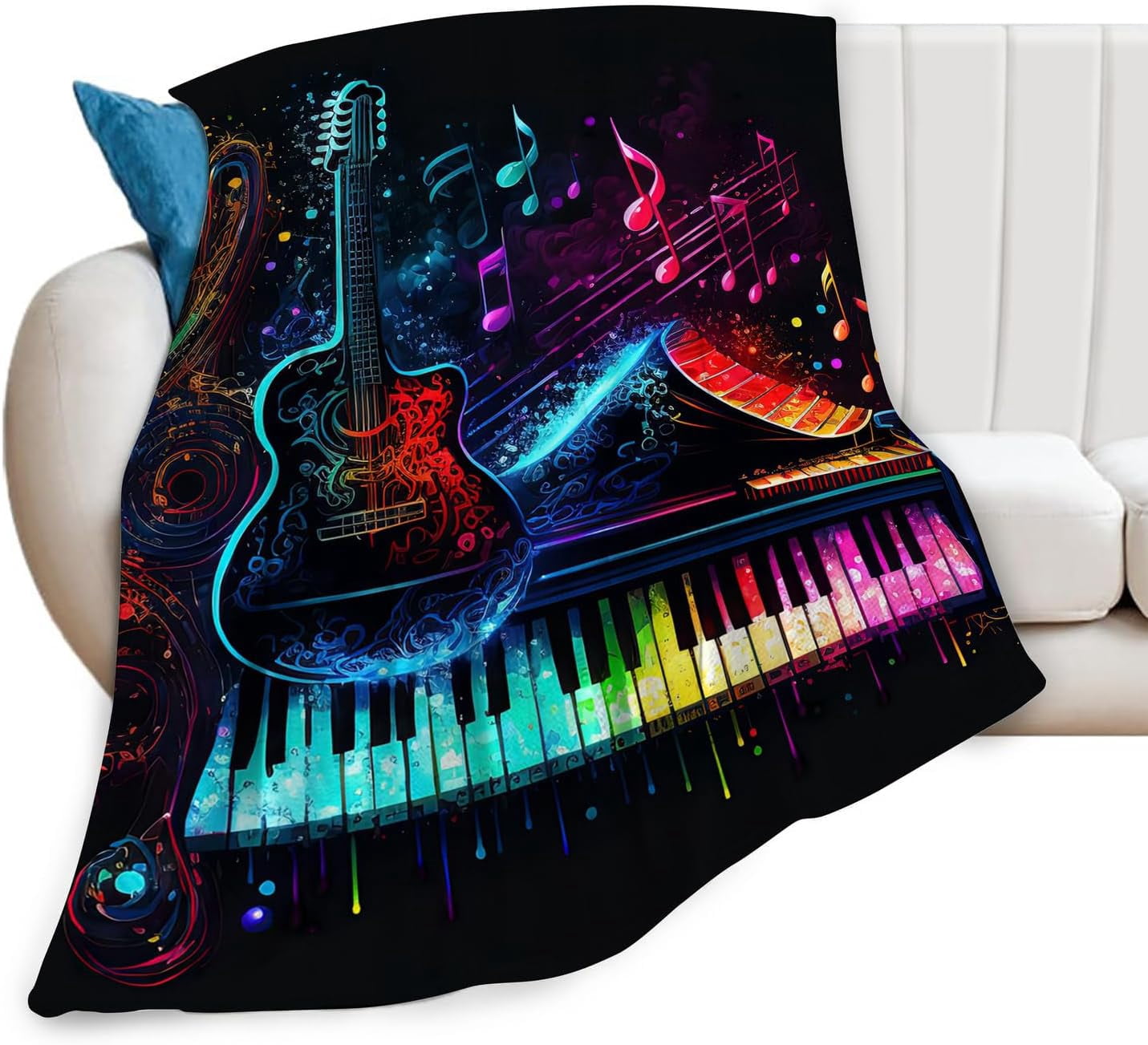 Musical Notes Simple Colorfull Colorful Guitar And Piano Music Notes Throw Blanket for Bed Couch Sofa ...