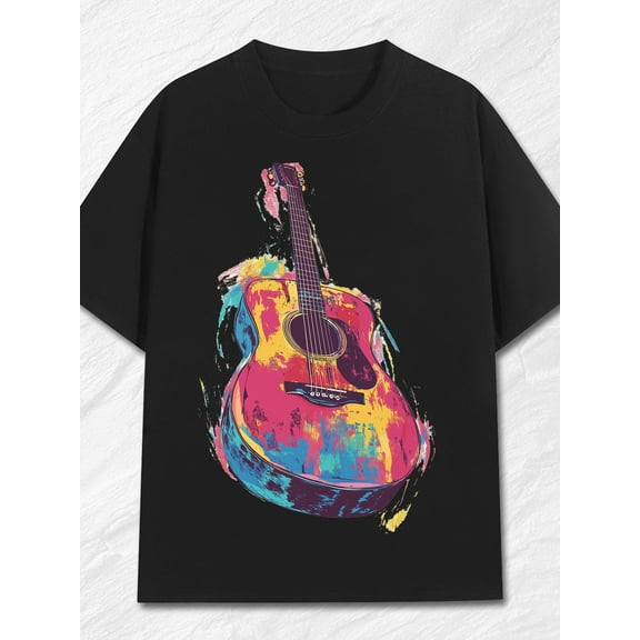 Colorful Guitar Art Men'S Cotton T-Shirt Bohemian Graphic Printed Tee 100% Cotton Soft and Breathable 220g Crew Neck Short Sleeve Ideal for Music Festivals