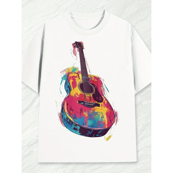 Colorful Guitar Art Men'S Cotton T-Shirt Bohemian Graphic Printed Tee 100% Cotton Soft and Breathable 220g Crew Neck Short Sleeve Ideal for Music Festivals