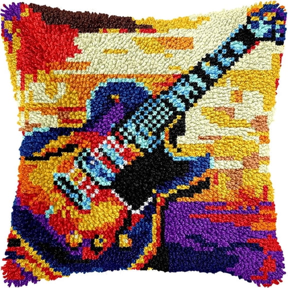 Colorful Guitar Latch Hook Kits Pillow DIY Pillowcase Crochet Hook Cushion Making Kits with Preprinted Pattern Canvas Instruction Yarns Pillow Cover Easy Starter DIY Crochet Kits 43x43cmf223)