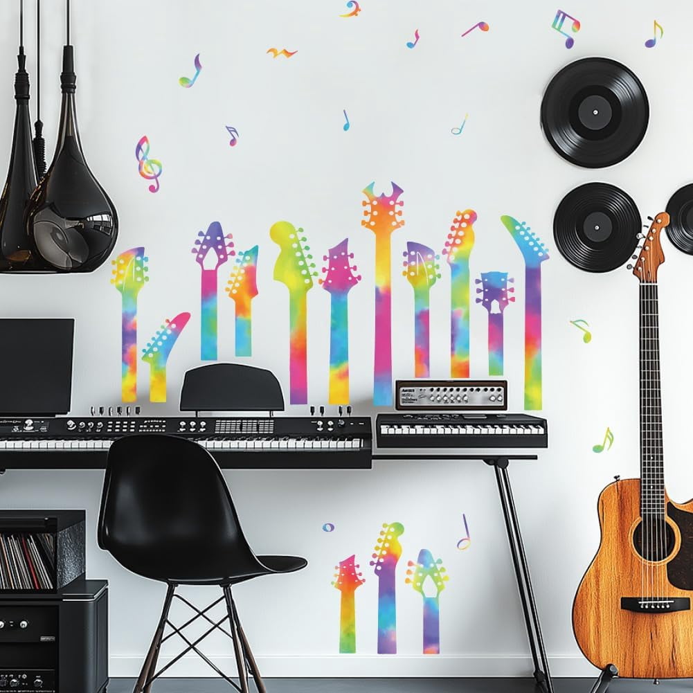 Colorful Guitar Neck Wall Stickers Guitar Vinyl Wall Decals Music Notes ...