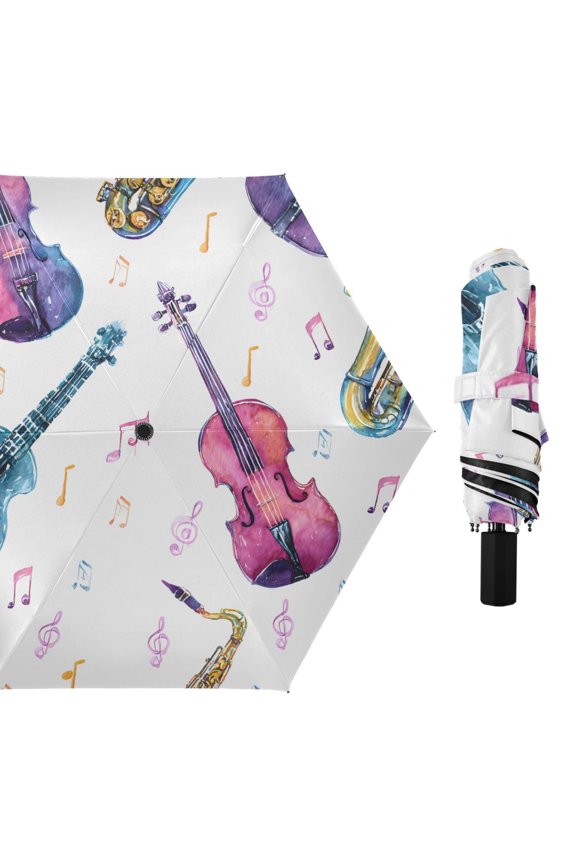 Colorful Guitar Violin Saxophone Notes All Weather Umbrella Triple Folding Parasol 6 Ribs UV Protection Portable