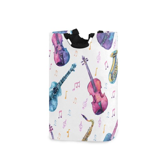 Colorful Guitar Violin Saxophone Notes Laundry Basket with Handles Foldable Laundry Hamper Freestanding Washing Bin 50L