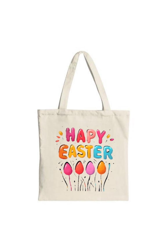 Colorful " HAPPY EASTER " tote bag with vibrant letters and stylized eggs perfect for shopping parties and travel