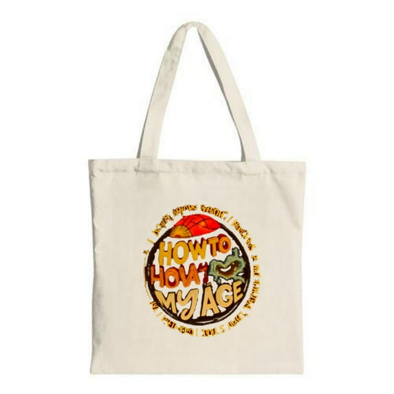 Colorful " HOW TO HOW TO MYAGE " text on a light beige canvas tote bag featuring a vibrant circular pattern perfect for shopping and travel