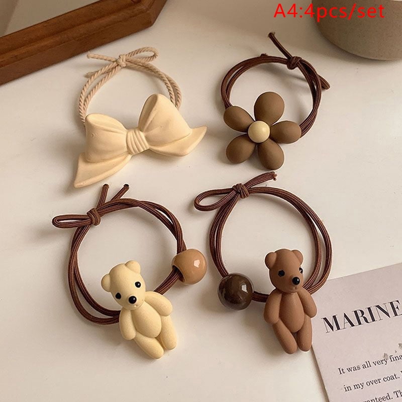 Colorful Hair Scrunchies Caramel Colored Bow Bear Beads Flowers Hair Rope Elastic Hair Bands Girls Women Girl Accessories