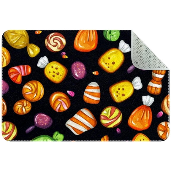 Colorful Halloween Candy Sweets Pattern Small Area Rug, Non-Slip Door Mat Indoor Floor Mat, Washable Kitchen Rug Entrance DMat for Bedroom Living Room