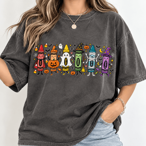 Colorful Halloween Crayon Characters Graphic T-Shirt, Unisex Fit