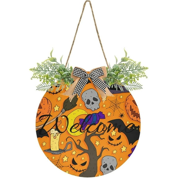 Colorful Halloween Elements Welcome Sign Front Door Round Wall Door Sign with Flowers Hanging Sign for Entryway Front Porch Hallway Yard Garden Home Decor