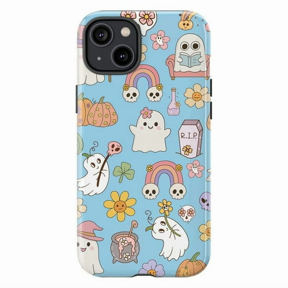 Colorful Halloween Ghost Phone Case with Cute Pastel Cartoon Pattern, Protective Cover for iPhone 16 15 14 13 12 11 Pro Max Plus Mini