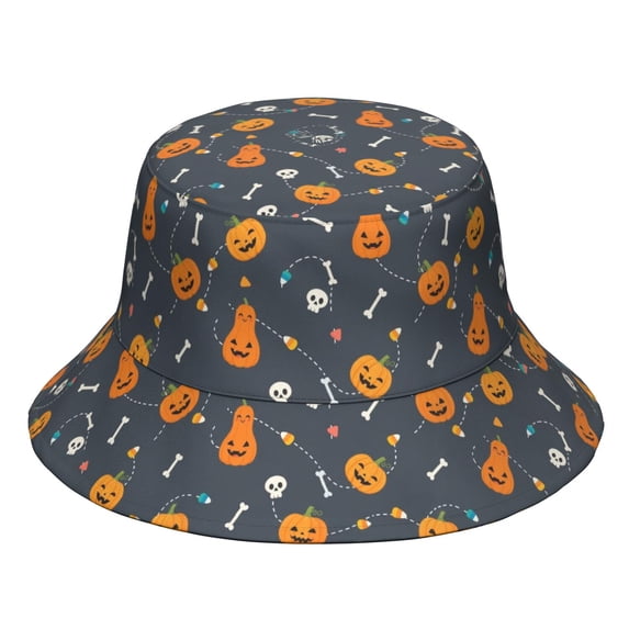 Colorful Halloween Icons Pattern Bucket Hat, Beach Bucket Hat with Wide ...