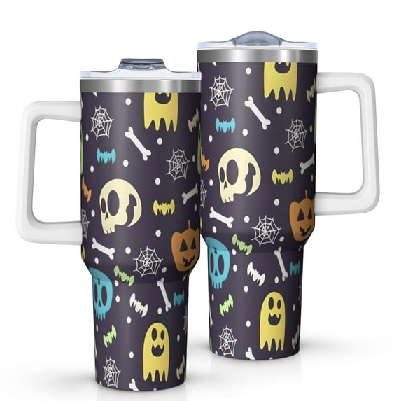 Colorful Halloween Icons Pattern Tumbler with Handle and Lid,40oz Double Wall Vacuum Insulated Tumbler,Cups Gift for Women and Men