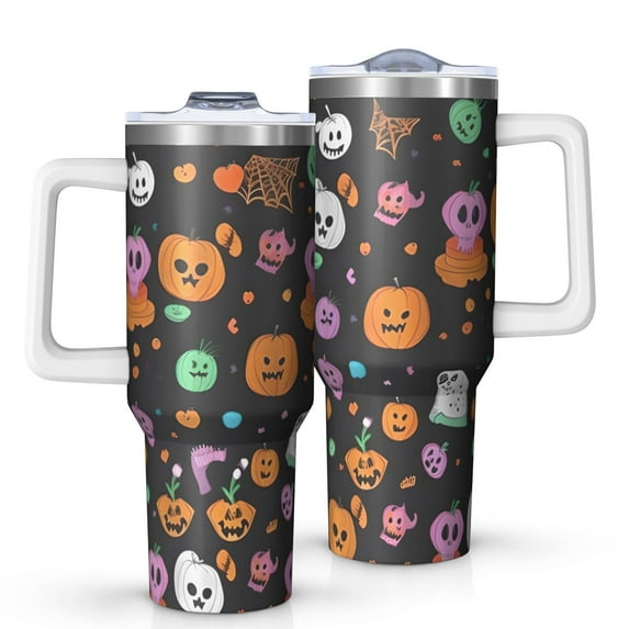 Colorful Halloween Icons Pattern Tumbler with Handle and Lid,40oz Double Wall Vacuum Insulated Tumbler,Cups Gift for Women and Men