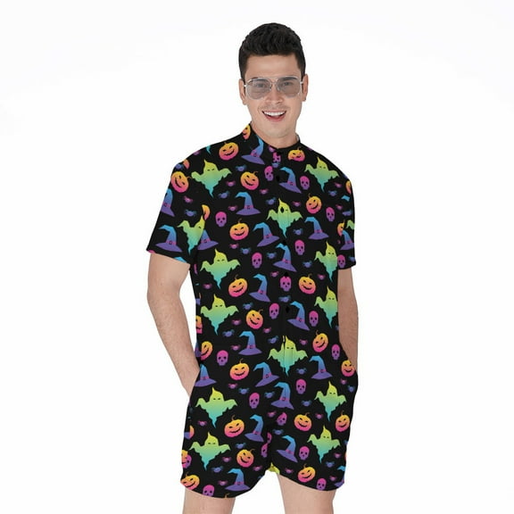Colorful Halloween Party Pattern Short Sleeve Men'S Rompers, Halloween Decorative Casual Summer Jumpsuits Outfit