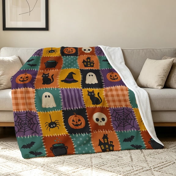 Colorful Halloween Patchwork Quilt Sherpa Fleece 30 x 40 in Throw Blanket, Breathable Polyester, Cozy Home Decor for Sofa Bed Couch, Bedroom Living Room Accent, Gift for Family and Friends