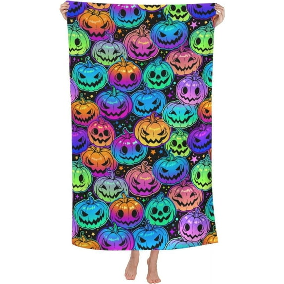Colorful Halloween Pumpkin Pattern Large Beach Towel - Plush Thick Cotton Pool Towel, Adult Beach Towels