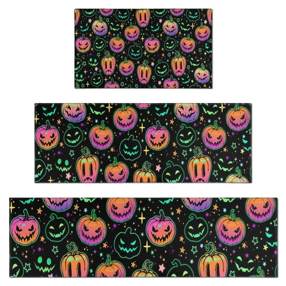 Colorful Halloween Pumpkins Kitchen Rugs Sets Of 3,Kitchen Runner Rugs Non Skid Washable,Decorative Kitchen Floor Mats for Kitchen,Sink,Laundry,17"x30"+ 17"x47" + 17"x59"