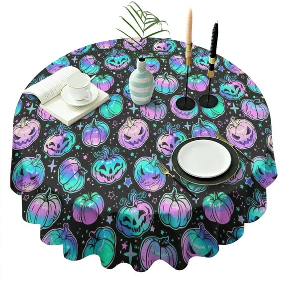 Colorful Halloween Pumpkins Pattern Round Tablecloth 60"x60",Wrinkle Wipeable Table Cloth for Kitchen Dining Room Picnic Patio Party