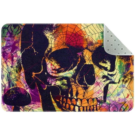 Colorful Halloween Skull Mushroom Spider Web Small Area Rug, Non-Slip Door Mat Indoor Floor Mat, Washable Kitchen Rug Entrance DMat for Bedroom Living Room