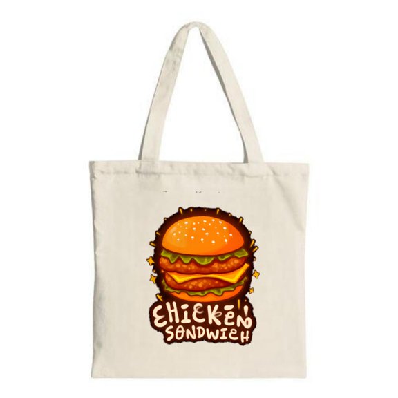 Colorful Hamburger Tote Bag - Fun Cartoon Design with ' CHICKEN SANDWICH ' Text Perfect for Shopping Travel and Parties