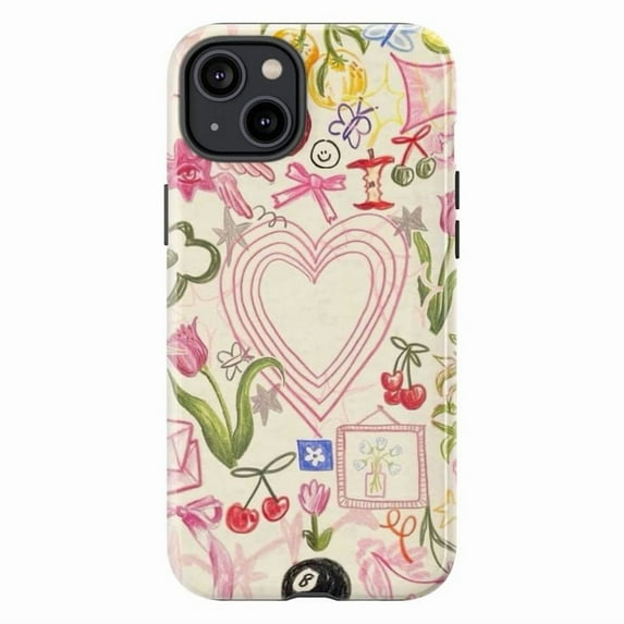 Colorful Hand-Drawn Doodles Phone Case with Hearts and Floral Accents, Protective Artistic Cover for iPhone 16 15 14 13 12 Pro Max Mini
