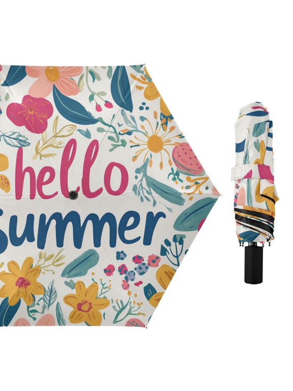 Colorful Hand Drawn Flowers Hello Summer All Weather Umbrella Triple Folding Parasol 6 Ribs UV Protection Portable
