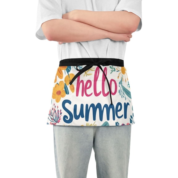 Colorful Hand Drawn Flowers Hello Summer Short Server Apron with 3 Pockets for Unisex Chef Gardening