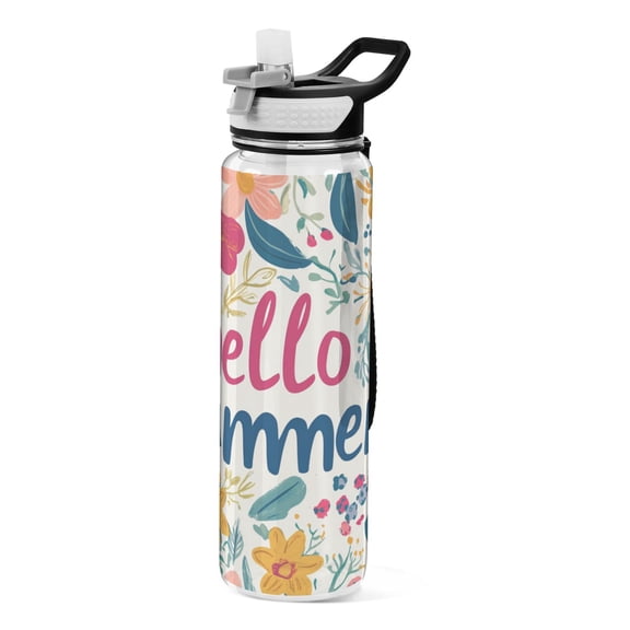 Colorful Hand Drawn Flowers Hello Summer Transparent Sports Water Bottle with Straw BPA Free Tritan 32oz for Gym Camping