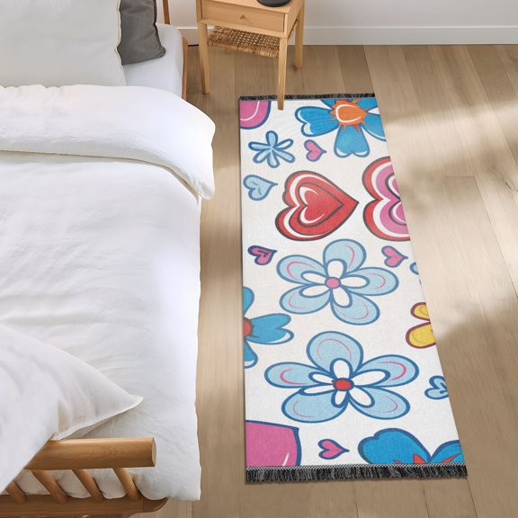 Colorful Hand Drawn Hearts Flowers Bedside Runner Rug 2'x 6' Non Slip Carpet Floor Mat Area Rug