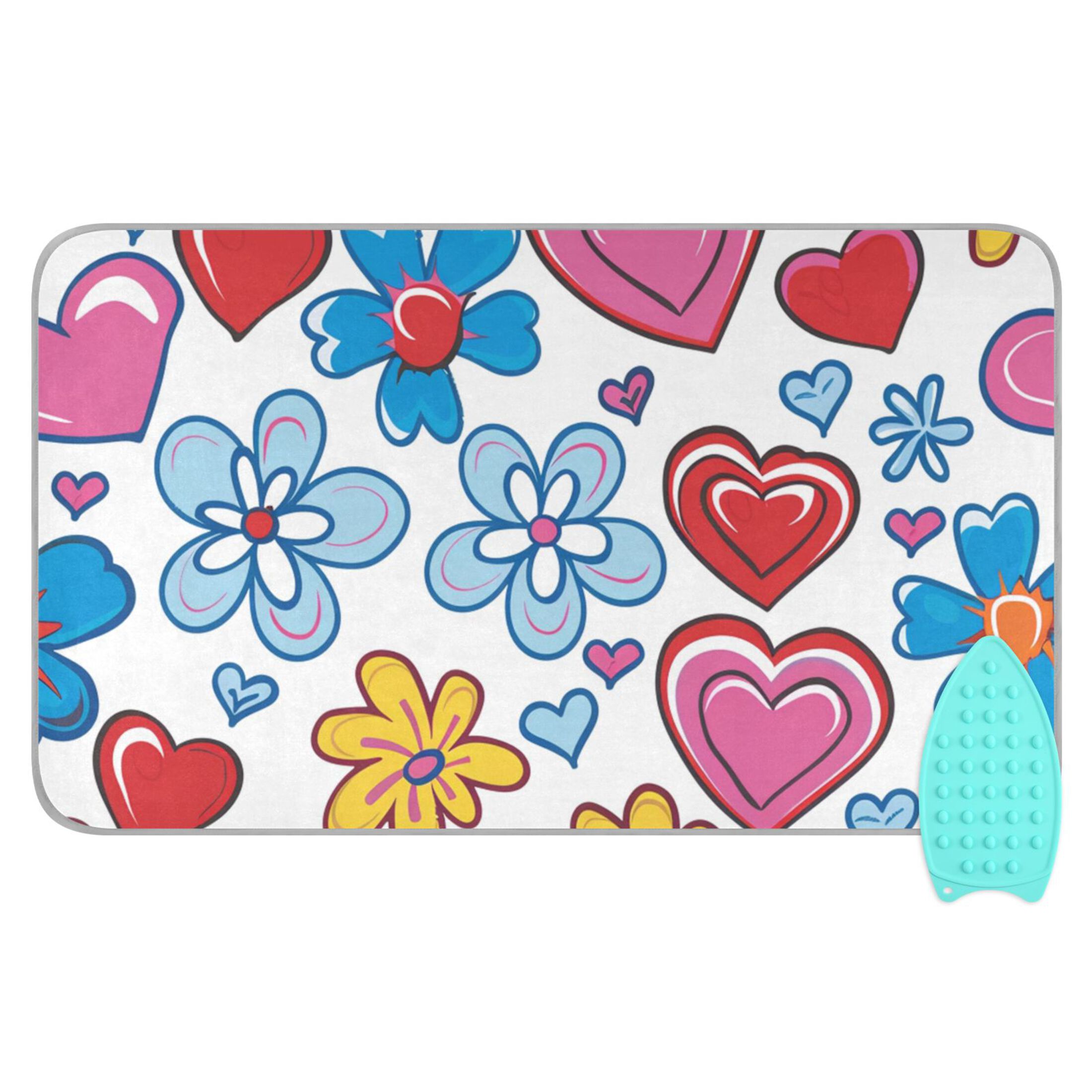 Colorful Hand Drawn Hearts Flowers Ironing Mat Blanket Portable Travel Ironing Pad Heat Resistant Pad 47.2" x 27.6”