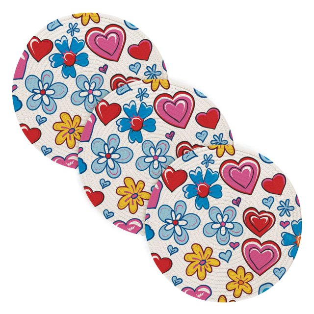 Colorful Hand Drawn Hearts Flowers Trivets for Hot Pots Polyester Pans