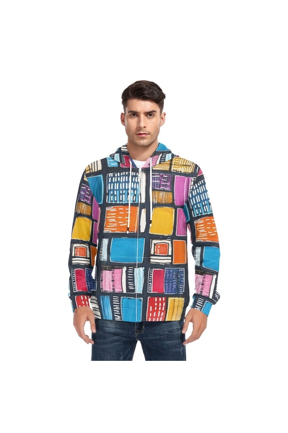 Colorful Hand Drawn Squares and Lines Men’s Hoodies Sweatshirt with Full Zip Pockets Fleece Jackets