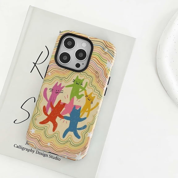 Colorful Hand-Drawn Star Cat Tough Phone Case, Whimsical Rainbow Art Protective Cover Compatible with iPhone X