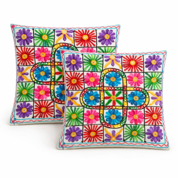 Colorful Hand Embroidered Floral Cushion Cover, Bohemian Decorative Pillow Case, Ethnic Patchwork Throw Pillow for Sofa Living Room Decor 16X16