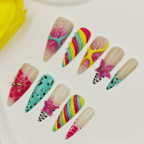 Colorful Hand-Painted Press-on Nails with Floral and Candy Designs