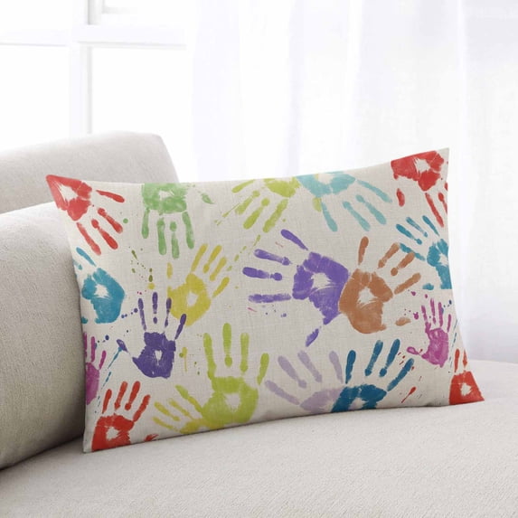 Colorful Hand Print Throw Pillow Covers, Cartoon Watercolor Graffiti Beige Soft Breathable Pillow Cases with Invisible Zipper for Sleeping, Body Pillowcases for Couch Bed Sofa Chair 24x36 Inches