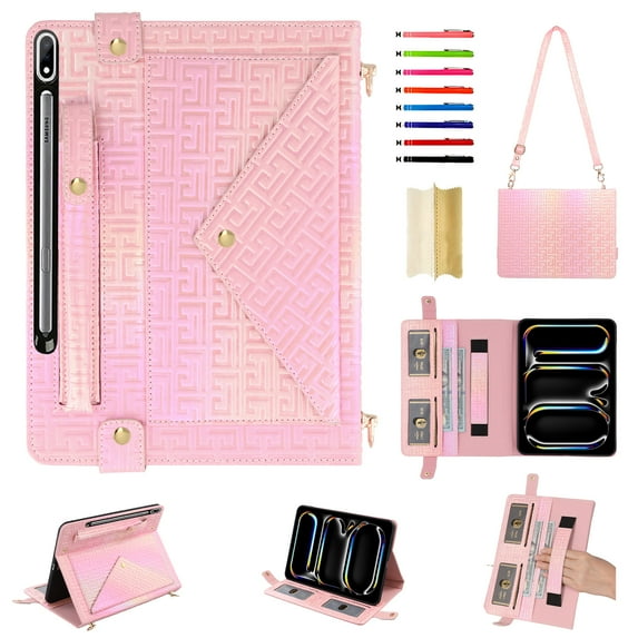 Colorful Handbag for Samsung Galaxy Tab S10 Ultra/S9 Ultra/S8 Ultra, Stand PU Leather Cover with Crossbody Strap & Handstrap with elastic, Multi-Card Slots Cash Pen Slot Envelope Case, Deeppink