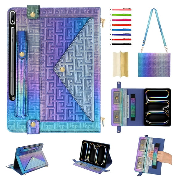 Colorful Handbag for Samsung Galaxy Tab S9 FE Plus/S9 Plus/S10 Plus, Stand PU Leather Cover with Crossbody Strap & Handstrap with elastic, Multi-Card Slots Cash Pen Slot Envelope Case, Colorful