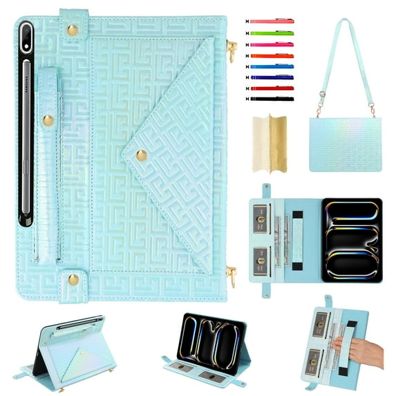 Colorful Handbag for Samsung Galaxy Tab S9 FE Plus/S9 Plus/S10 Plus, Stand PU Leather Cover with Crossbody Strap & Handstrap with elastic, Multi-Card Slots Cash Pen Slot Envelope Case, Blue