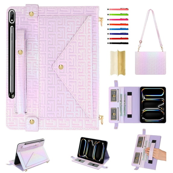 Colorful Handbag for Samsung Galaxy Tab S9 FE/S9, Folio Stand PU Leather Cover with Crossbody Strap & Handstrap with elastic, Multi-Card Slots Cash Pocket Pen Slot Envelope Case, Purple
