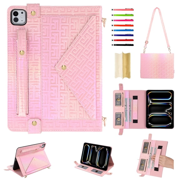 Colorful Handbag for iPad Pro 13" 2024 M4 7th Generation, Stand PU Leather Protection Cover with Crossbody Strap&Handstrap with elastic, Multi-Card Slots Cash Pocket Pen Slot Envelope Case, Deeppink