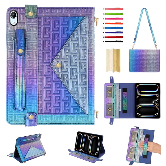 Colorful Handbag for iPad mini 2021/mini 2024, Stand PU Leather Protection Cover with Crossbody Strap&Handstrap with elastic, Multi-Card Slots Cash Pocket Pen Slot Envelope Case, Colorful