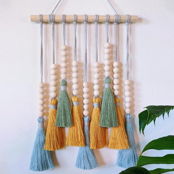 Colorful Handmade Wooden Bead Cotton Thread Tassel Wall Tapestry Decorative