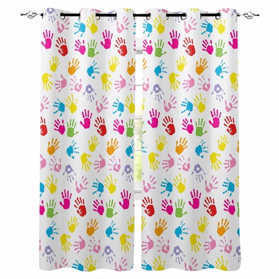 Colorful Handprint Blackout Curtains for Bedroom/Living Room, Thermal Insulated Kitchen Curtains, Modern Abstract Cartoon Grommet Darkening Window Treatment Drapes 52"x84"x2
