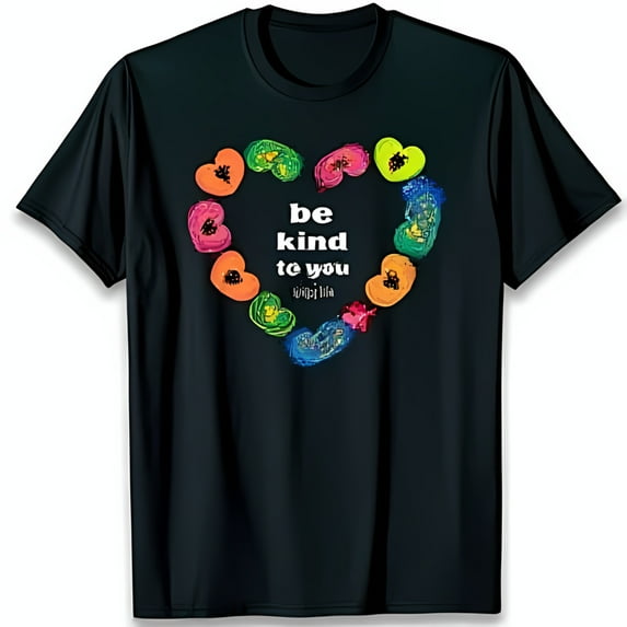Colorful Handprint Heart T-Shirt 'Be Kind to You' Design on Black Background
