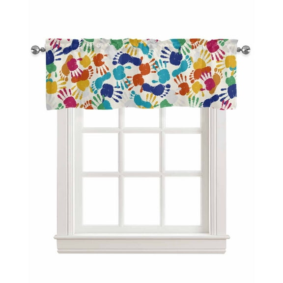 Colorful Handprint Linen Curtain Valance for Bedroom/Bathroom/Kitchen/Office/Living/Dining Room Window,Cartoon Funny Cute Footprint Rod Pocket Topper Decorative Cafe Drapes Panel 54"x18"