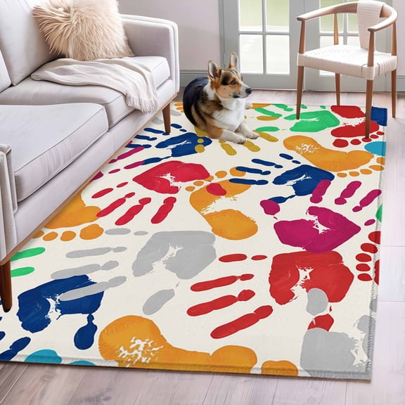Colorful Handprints Area Rug 4'x6', Rainbow Abstract Hand Foot Prints Washable Non-Slip Rugs, Low Pile Large Carpet for Living Room Bedroom Dining Room Kitchen Office Indoor Mat