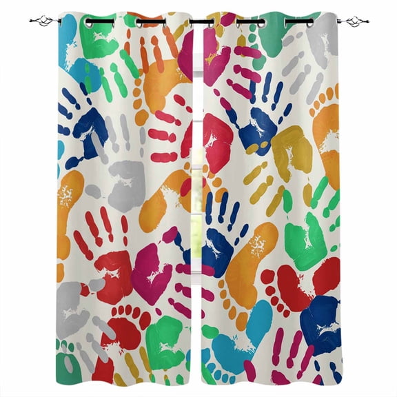 Colorful Handprints Blackout Curtains for Bedroom - 84 Inch Long Light Blocking 2 Panels Set, Rainbow Abstract Hand Foot Prints Thermal Insulated Living Room Drapes Grommet Window Curtains 52"x84"